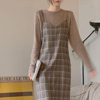 Spaghetti-strap Plaid Dress Brown - One Size