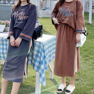 Set: Lettering Long-sleeve T-shirt + Slit-side Midi Skirt