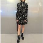 Stand Collar Floral Print Dress Black - One Size