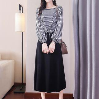 Set: Puff-sleeve Striped T-shirt + Sleeveless Midi A-line Knit Dress