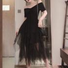 Off-shoulder Short-sleeve Layered Midi A-line Mesh Dress