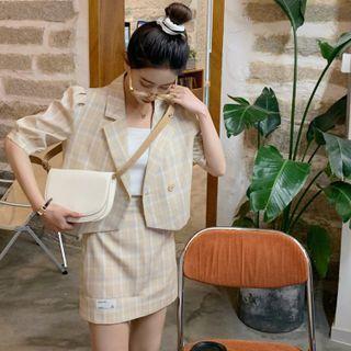 Set: Short-sleeve Plaid Double-breasted Cropped Blazer + Mini A-line Skirt