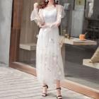 Set: Long-sleeve Swan Embroidered Maxi Mesh Dress + Slipdress