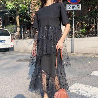 Short-sleeve Polka Dot Pleated Dress
