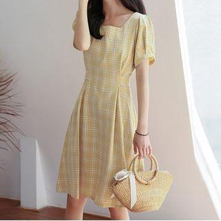 Plaid Square Neck Short-sleeve A-line Mini Dress