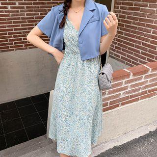 Spaghetti Strap Floral Print Dress / Short-sleeve Blazer / Set