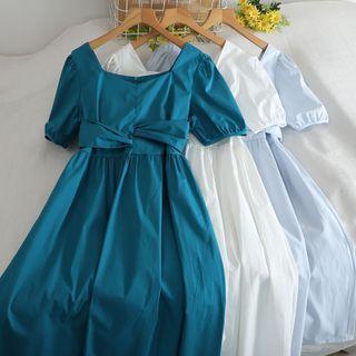 Short-sleeve Bow-waist A-line Maxi Dress