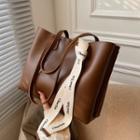 Lettering Strap Accent Faux Leather Tote Bag