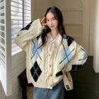 V-neck Argyle Color Block Long-sleeve Sweater Off-white - One Size