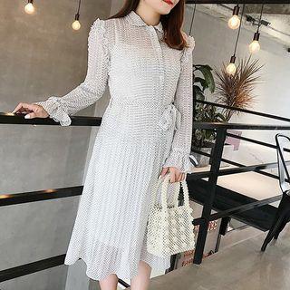 Set: Dotted Long-sleeve A-line Dress + Slipdress