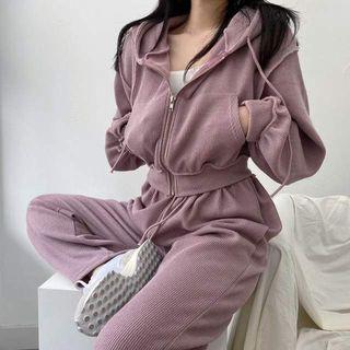 Set: Plain Zipped Hooded Jacket + High-waist Drawstring Sweatpants
