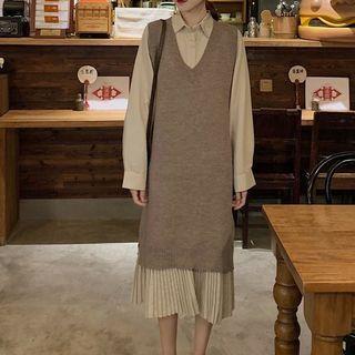 Long-sleeve Shirt Dress / Long Knit Vest