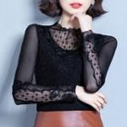 Long-sleeve Mock-neck Panel Lace Top