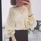 Plain 3/4 Sleeve V-neck Chiffon Blouse