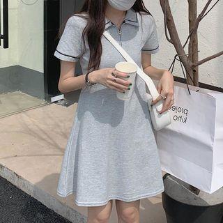 Short-sleeve Polo Collar A-line Dress Gray - One Size