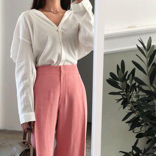 Hidden-button Silky Shirt