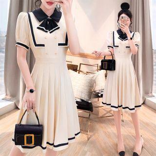 Puff-sleeve Collared Double-breasted A-line Dress