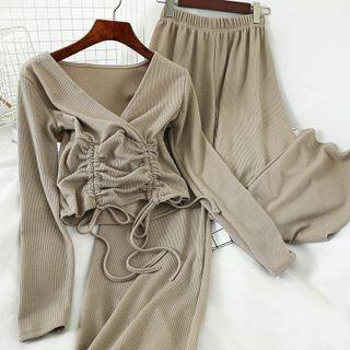 Set: Drawstring V-neck Blouse + Wide-leg Pants