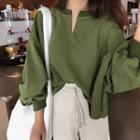 Plain Long-sleeve Loose-fit T-shirt Green - One Size