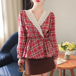 Lace-collar Peplum-hem Plaid Wrap Top Red - One Size