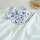 Puff-sleeve Bird Embroidered Blouse White - One Size