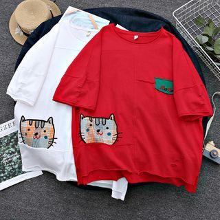 Cat Applique Elbow-sleeve T-shirt