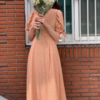 Short-sleeve Dotted A-line Midi Dress Tangerine - One Size