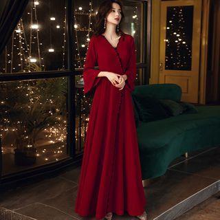 V-neck Lace Trim A-line Evening Gown