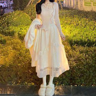 Long-sleeve Asymmetrical Top / A-line Midi Ruffle Mesh Skirt