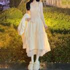 Long-sleeve Asymmetrical Top / A-line Midi Ruffle Mesh Skirt
