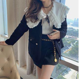 Plain Blazer / Lace Ruffle Blouse / Skinny Skirt