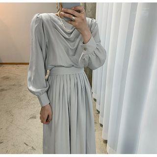 Puff-sleeve Plain Shirred Tie Waist Loose Fit Dress