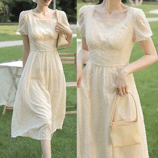 Short Sleeve Square Neck Lace Midi A-line Dress