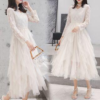 Long-sleeve Lace Panel Midi Layered Mesh Dress
