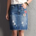 Embroidered Denim Fitted Skirt
