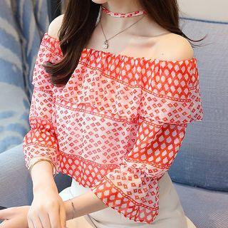 Print Off-shoulder Chiffon Blouse