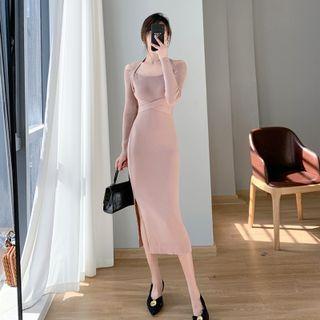 Cold-shoulder Cross Strap Knit Midi Sheath Dress