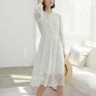 Long-sleeve A-line Lace Dress White - One Size