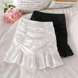 Shirred Ruffle Hem Mini Pencil Skirt