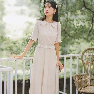 Frill Trim Peter Pan Collar Elbow-sleeve Dress