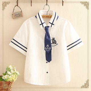 Anchor Embroidered Short-sleeve Top With Tie