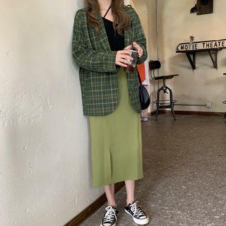 Plaid Blazer / Side Slit Midi Straight-fit Skirt