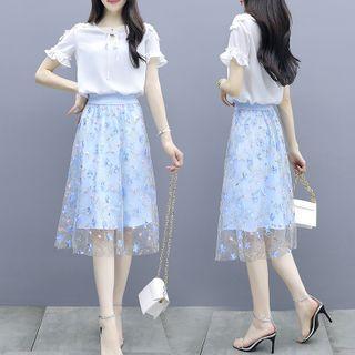 Bow Detail Short-sleeve Blouse / Flower Embroidered Midi A-line Skirt