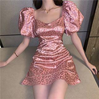 Puff-sleeve Leopard Mini Dress
