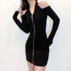 Long-sleeve Cold Shoulder Zip Mini Bodycon Dress