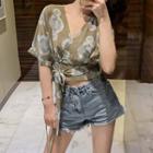 Short-sleeve Printed Crop Top Khaki - One Size