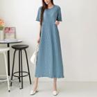 Round-neck Pleated Long A-line Dress