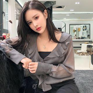 Frill Trim Sheer Long-sleeve Chiffon Top