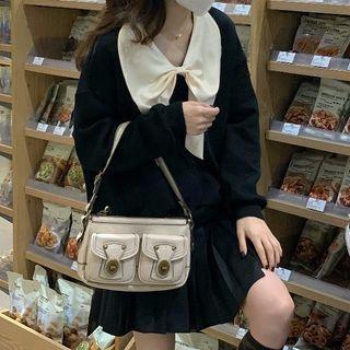 Long-sleeve Bow Panel Sweatshirt Black - One Size