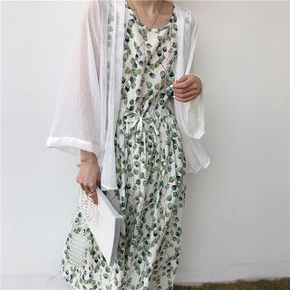 Open Front Light Jacket / Printed Sleeveless Midi A-line Dress
